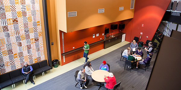 inside of campus looking down onto social area